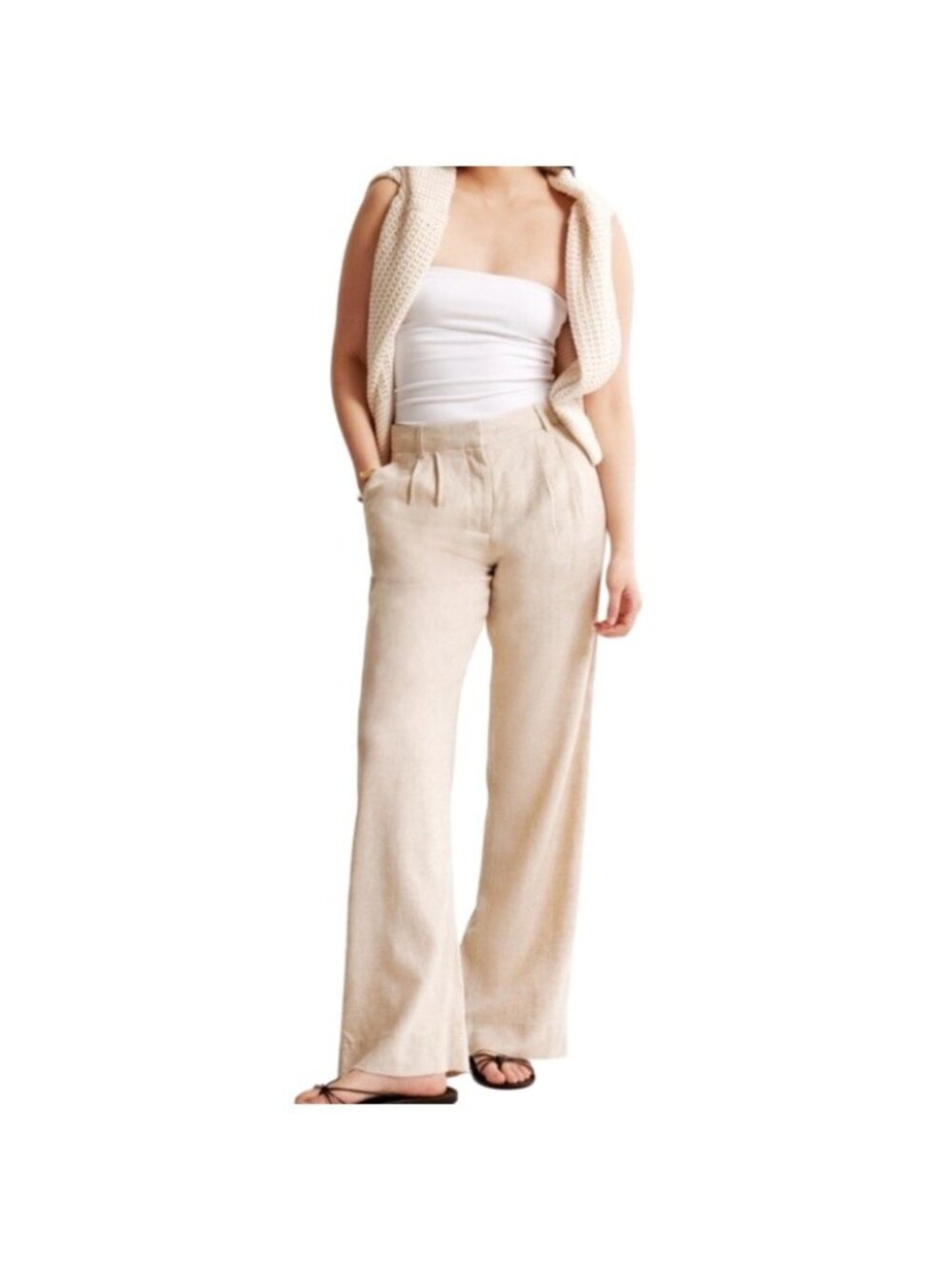 Abercrombie Sloane Tailored Wide Leg Trousers Pants Womens 31/12R Linen Beige